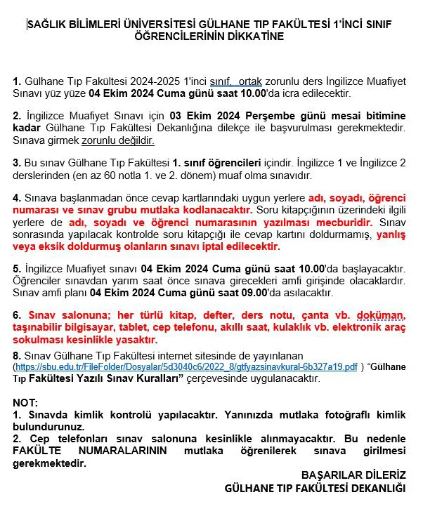 SAĞLIK BİLİMLERİ ÜNİVERSİTESİ GÜLHANE TIP FAKÜLTESİ 1’İNCİ SINIF ÖĞRENCİLERİNİN DİKKATİNE