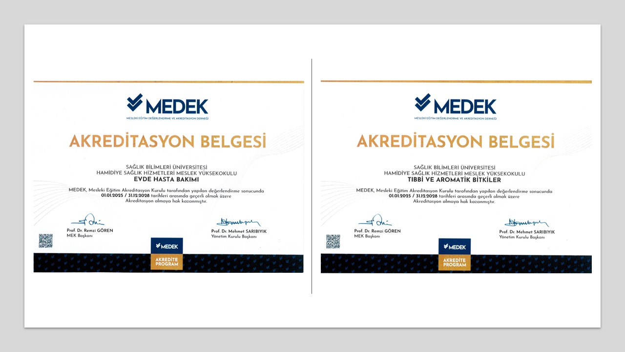 Üniversitemiz Sağlık Hizmetleri Meslek Yüksekokulu bünyesindeki Evde Hasta Bakımı ile Tıbbi ve Aromatik Bitkiler Programları, MEDEK tarafından akredite edilmiştir. Bu başarı, programlarımızın öğrenci odaklı, mesleki yetkinlik temelli ve kalite standartlarına uygun bir şekilde yürütüldüğünü göstermektedir. Başta Rektörümüz Sayın Prof. Dr. Kemalettin AYDIN olmak üzere emeği geçen tüm akademik, idari personelimize ve paydaşlarımıza teşekkür ederiz.